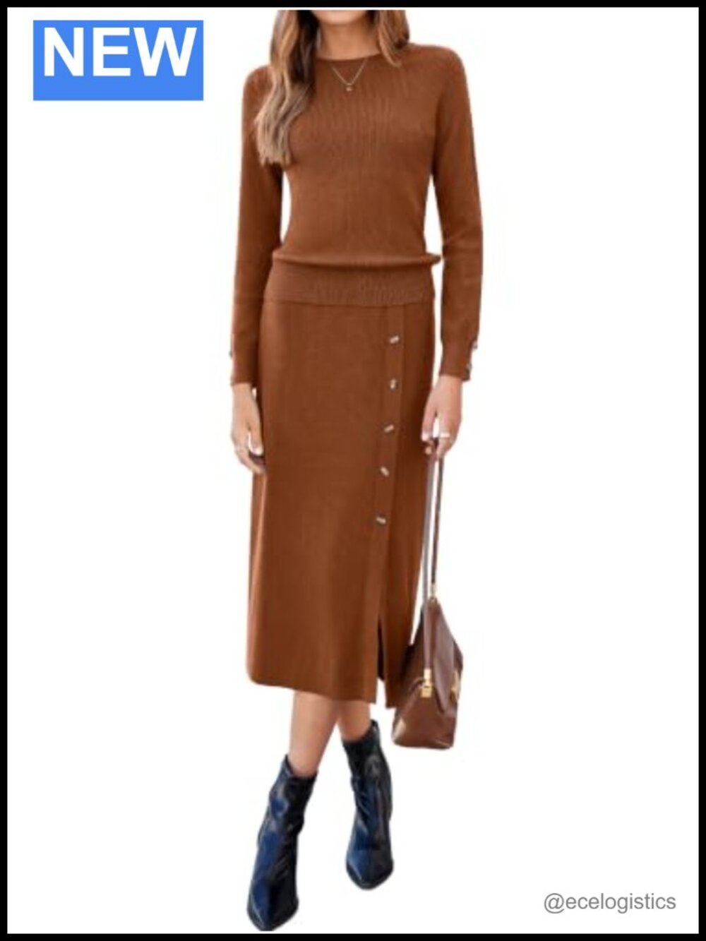 Knit 2 Piece Skirt Set Long Sleeve Crew Neck Side Button Midi Pullover Top